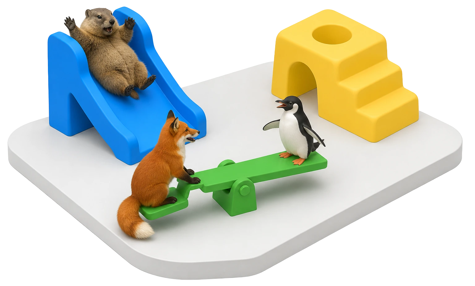 A marmot on a blue slide, a fox and a penguin on a green seesaw, and a yellow climbing block on a pale platform