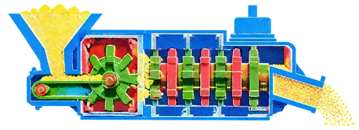 A machine shown in cross-section, its input opening, its inner works and its output chute all visible at once.