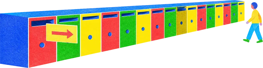 A long row of mail slots, a card in one slot pointing its arrow at another further down, and a figure following the arrow.