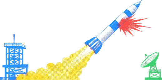 A launcher lifting off from a coastal tower and tipping hard off its climb as a red burst breaks from its flank, a tracking dish watching from the ground.