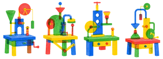 The same awkward shape of hand-built machinery repeated on four benches, each built slightly differently.