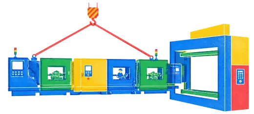 A whole chain of joined machines lifted as one piece and set into a larger machine's slot.