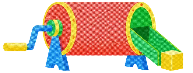 A sealed drum with one crank and one chute, handing out a single block per turn.