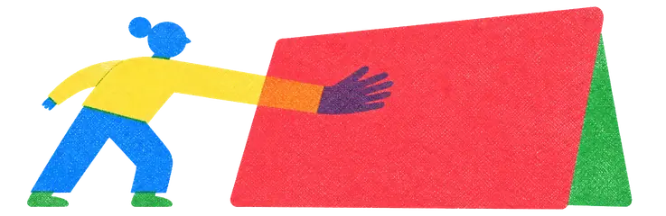 A flat card tilting up on one edge as a hand passes over it, its footprint on the page unchanged.