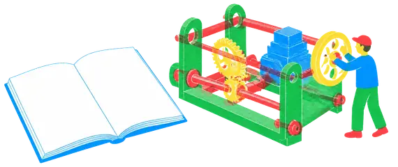 A plain bound paper open on a workbench with a half-built machine taking shape beside it.