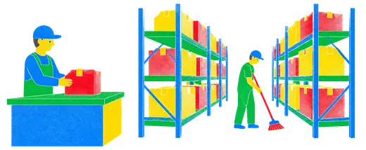 A counter handling one parcel at a time beside a warehouse aisle being swept end to end.