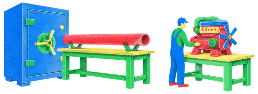A heavy remote strongroom with a long pipe on one bench, and on the next a compact engine sitting right beside the workbench.