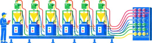 A sealed line of machines with all its hoses, taps and wires gathered at one end and plugged into a single marked panel.