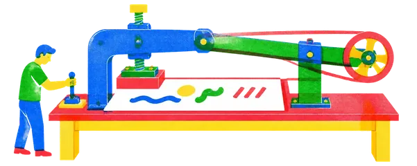A plain sheet of hand-drawn marks on a bench with a working machine built directly on top of it.