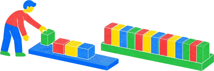 A figure setting one block at a time onto an inked panel, a long queue of blocks still waiting in a tray beside them.