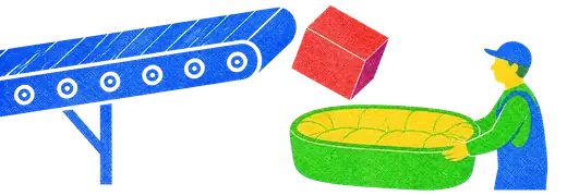 A block leaving a belt mid-run and falling toward a padded basket held beneath.