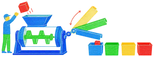 A block dropped into a mixing machine whose chute swings to one of several bins.