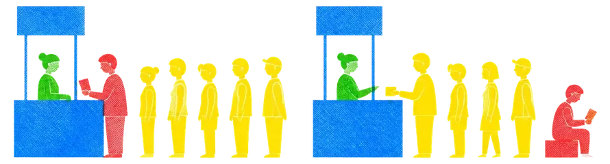 A single counter where one slow order blocks a long queue behind it, and beside it the same counter with the slow order set aside to one side while the queue moves.