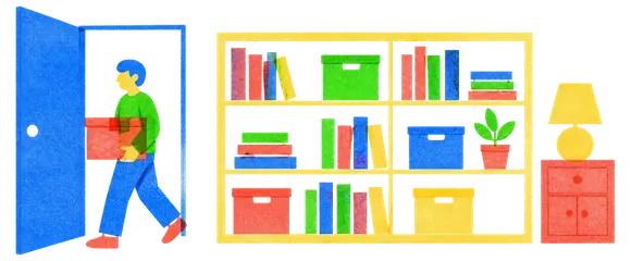 A figure carrying a small sealed box out through a doorway, one block from the room still visible inside the box, the room and its shelves filling the rest of the frame.