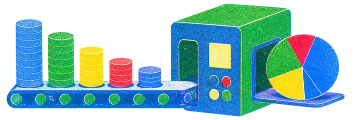 A row of chips of different heights fed into a machine that hands back a spinner with wedges of matching sizes.