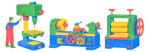 A workbench carrying three finished machines in a row, each built by the same hand and clearly related.