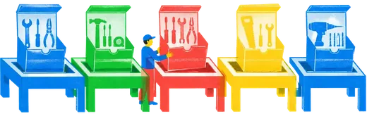 A workshop where every job arrives already boxed with its own tools, and the benches are built to take boxes.