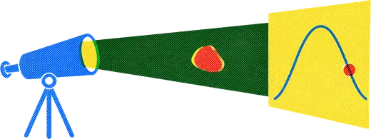 A telescope aimed across a dark band where a small rock passes, and a sheet with one smooth curve marking where the rock will reappear.