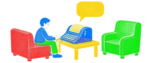 A figure sitting on a low couch at the left facing a teletype terminal on a small table, an empty armchair standing behind the terminal, and one plain speech bubble rising from its screen.