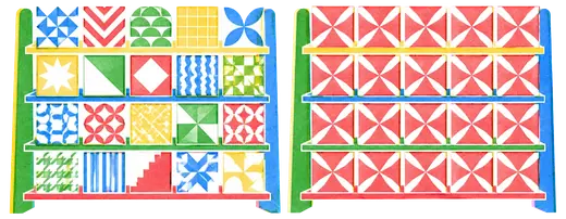 Two racks of tiles of the same total height, one made of many distinct kinds and one of few repeated.