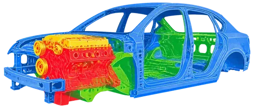 A vehicle body with an engine block fitted inside it, the two joined permanently.
