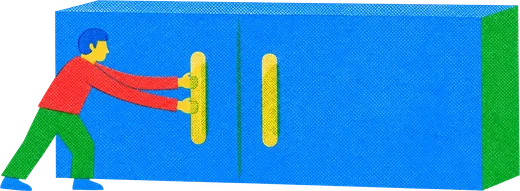 A sealed cabinet with its works hidden inside and two clean handles on its face, a figure using only the handles.