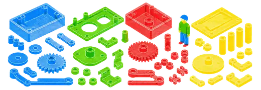 A set of parts kept in one flat tray but grouped by color into the layers they would otherwise live in.