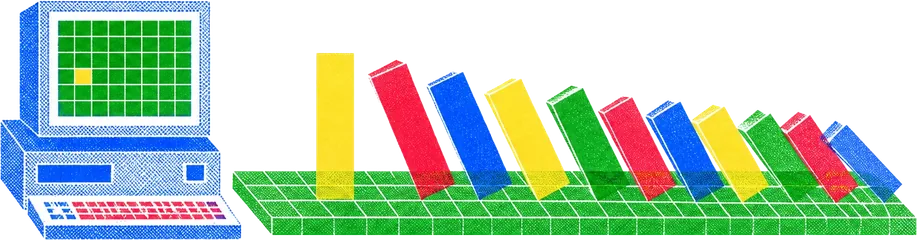 A small personal computer showing an empty grid with one cell lit, and a row of blocks tipping into one another across the grid beside it.