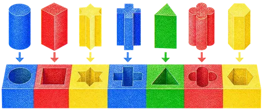 A rack of column slots each cut to a different profile, and a matching set of column blocks being lowered so each fits only its own slot.