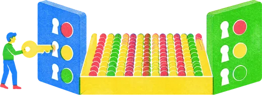 Two boards joined where one key matches three rows on the far side, the tray between them filling with more rows than either board held.