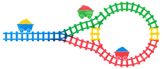 A rail with points and a loop, carts routed differently at each pass.