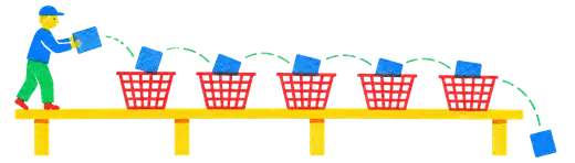 A block falling past every basket on a bench and off the end onto the floor.