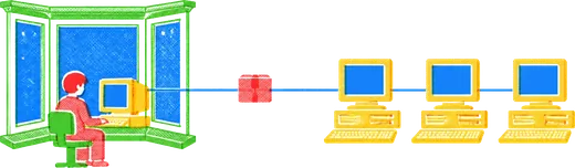 A lone figure at a desktop computer in a snowy bay window, a parcel travelling along a wire to three more computers in a row.