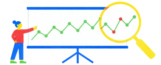 A chart on a stand with a hand tracing its shape and a magnifier held over two marks that break the pattern.