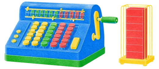 A desk holding a mechanical adding machine and one guarded column of solid filled cells.