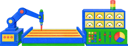 A bench with a plotting arm on one side and a rack of statistical gauges on the other, both fed from the same tray.