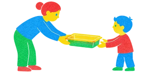 A parent panel handing a sealed tray down to a child panel below, the child able to read the tray but not to alter it.