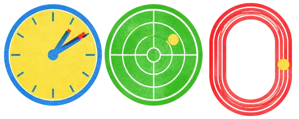 A large clock face on the left whose hand has slipped just past its mark, a round radar screen in the middle showing a single blip, and a track passing wide of that blip on the right.