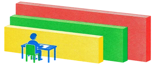 A figure at a desk facing three walls closing in, each taller than the last.
