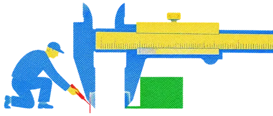 A caliper measuring a tiny gap between a mark and where a block actually sits.