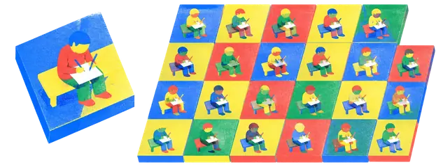 One panel drawn alone on a bench, and a whole grid of such panels built in one stroke beside it.