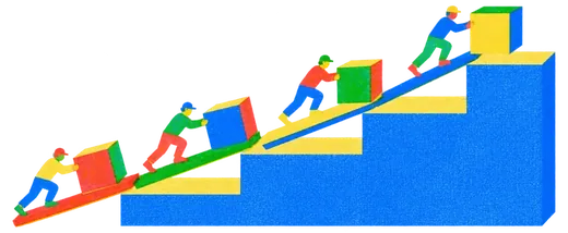 One block carried up onto four different steps of the same short staircase, each by its own separate ramp.