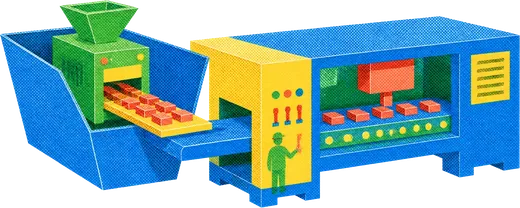 A small machine inside the hopper of a larger one, making a tray of blocks that the larger machine then works on.