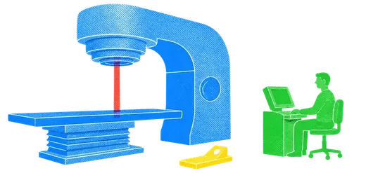 A large blue radiation therapy machine with a heavy rotating head standing over a flat empty treatment couch on the left, a stylized operator seated at a small terminal on the right, one narrow red beam falling on the couch, and a yellow safety latch lying detached on the floor between them.