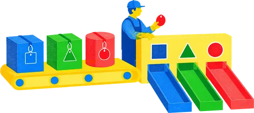 Three sealed boxes with differently shaped tags, a sorter reading only the tag to send each down its own chute.
