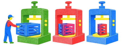 One crate passing through three small presses that make it partial, then read-only, then narrower, each leaving a visibly changed crate.