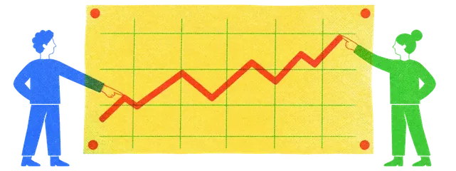 An early printed chart pinned to a board with two figures pointing at different parts of the same line.