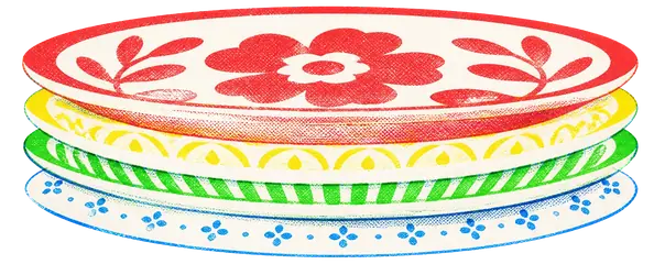 A stack of four plates, the boldest mark on top and the faintest ornament at the bottom.