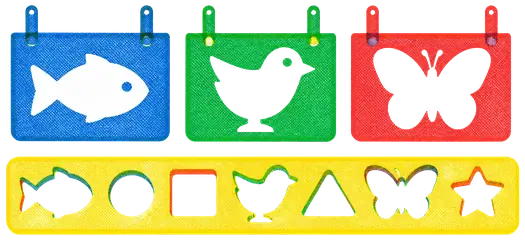 Three stencils hanging above a board of mixed shapes, each cut to catch a different kind.
