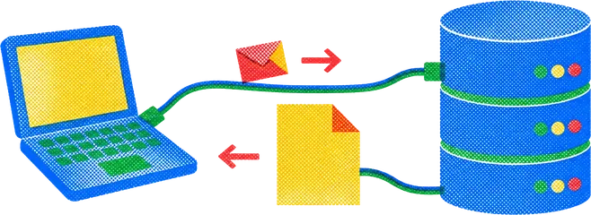 A laptop sending a folded note along a cable to a server drum, which sends a larger page back along the same cable.